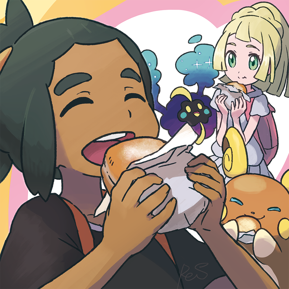 1boy 1girl :d alola_form alolan_raichu backpack bag bangs black_hair black_shirt blonde_hair closed_eyes commentary_request cosmog dark_skin dark_skinned_male dress eating food food_request green_eyes happy hau_(pokemon) holding holding_food lillie_(pokemon) looking_at_another looking_at_viewer open_mouth pokemon pokemon_(game) pokemon_sm ponytail reiesu_(reis) shirt short_sleeves smile white_dress