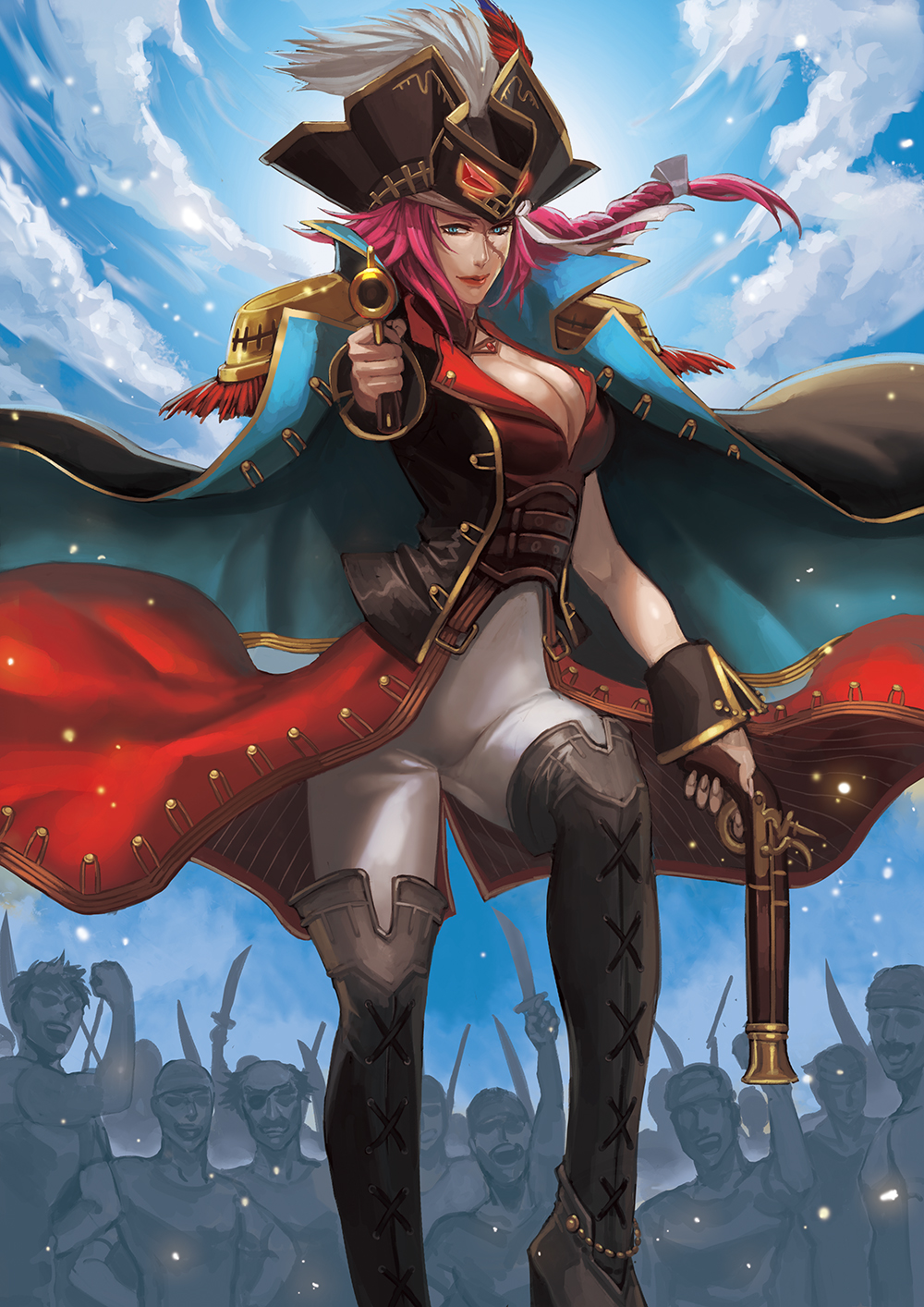 1girl black_hat blue_eyes boots braid breasts brown_footwear cleavage fate/extra fate_(series) floating_hair gun hat highres holding holding_gun holding_weapon jakojakojako large_breasts lipstick long_hair looking_at_viewer makeup pants pink_hair red_lips rider_(fate/extra) scar single_braid solo_focus standing thigh-highs thigh_boots weapon white_pants