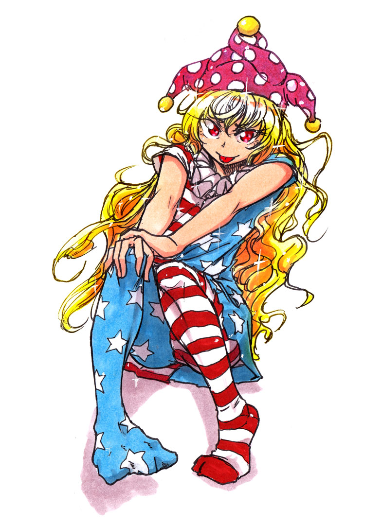 american_flag_dress american_flag_legwear blonde_hair clownpiece dress frilled_shirt_collar frills hat jester_cap koyubi_(littlefinger1988) leggings long_hair looking_at_viewer neck_ruff polka_dot print_legwear red_eyes short_dress star star_print striped touhou very_long_hair