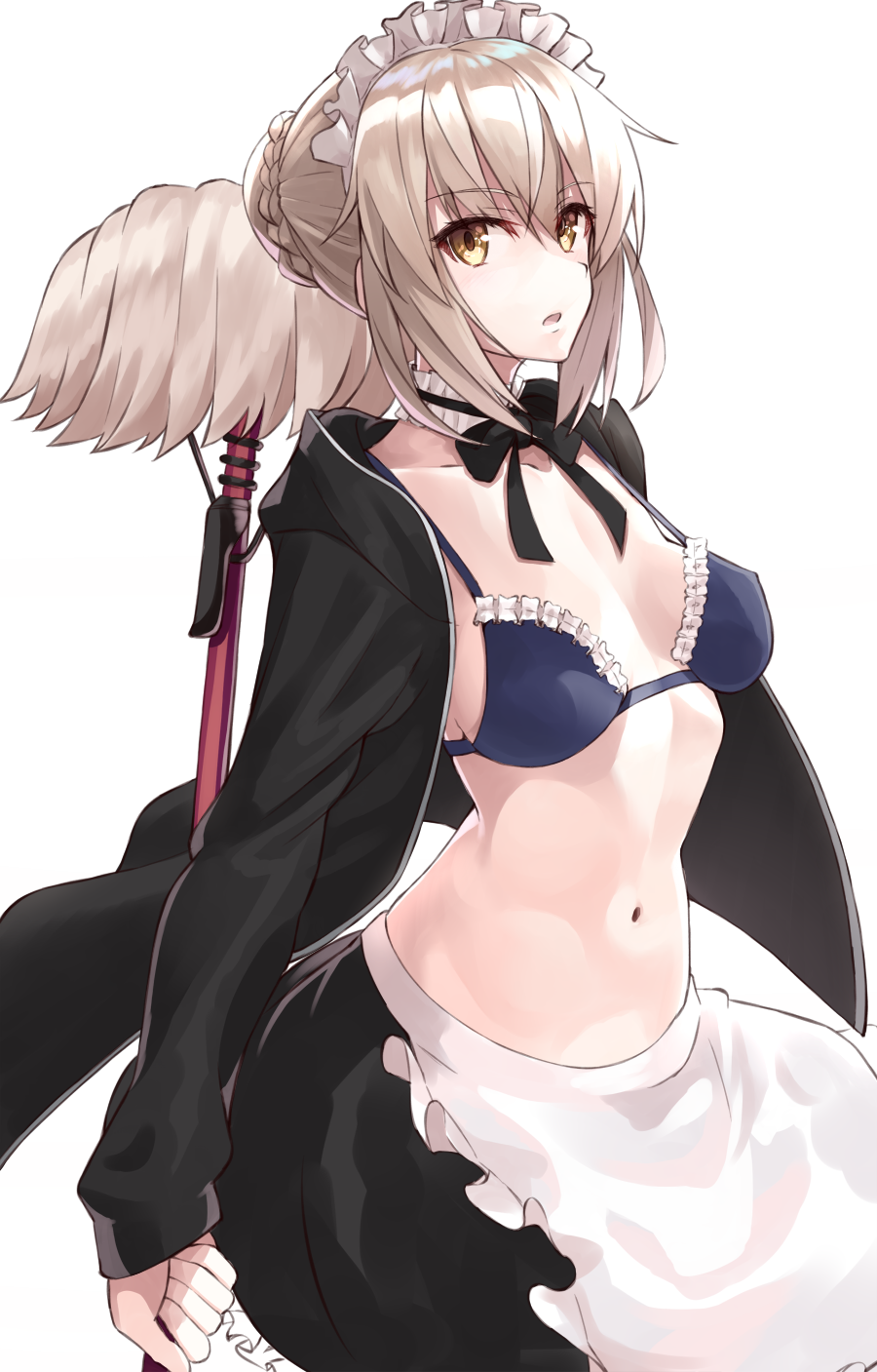 1girl apron artoria_pendragon_(swimsuit_rider_alter)_(fate) bangs bikini_top black_skirt blonde_hair blue_bikini_top breasts cowboy_shot eyebrows_visible_through_hair fate/grand_order fate_(series) frilled_apron frills hair_between_eyes highres holding hood hoodie looking_at_viewer maid_bikini mop open_clothes open_hoodie parted_lips platinum_blonde shunichi sidelocks simple_background skirt small_breasts solo tsurime waist_apron white_background yellow_eyes