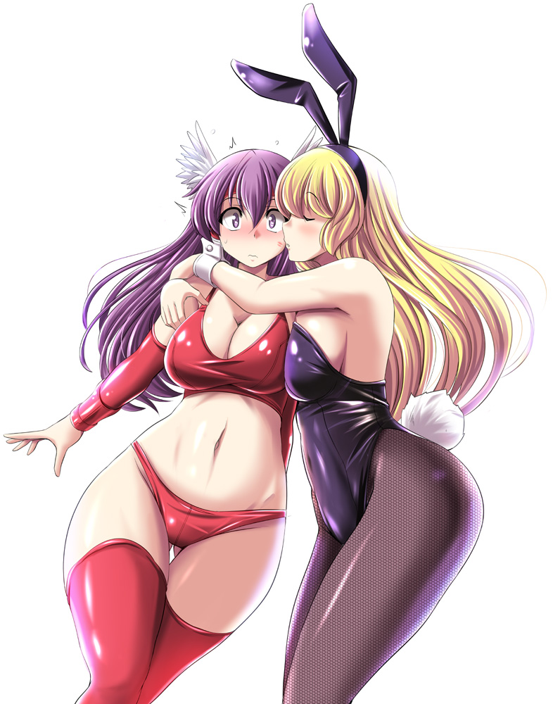 2girls animal_ears arm_warmers bare_shoulders bikini black_leotard blonde_hair blush breasts bunny_girl bunny_tail bunnysuit character_request cheek_kiss cleavage closed_eyes closed_mouth couple covered_navel cowboy_shot detached_sleeves fake_animal_ears female fishnet_pantyhose fishnets hair_between_eyes head_wings highres hug kiss konami_lady konami_wai_wai_world large_breasts legs leotard long_hair looking_at_viewer midriff multiple_girls navel pantyhose purple_hair rabbit_ears red_bikini red_detached_sleeves red_legwear red_swimsuit simple_background standing strapless strapless_leotard surprised swimsuit tail thigh-highs tonpuu violet_eyes white_background wide_hips wrist_cuffs yuri