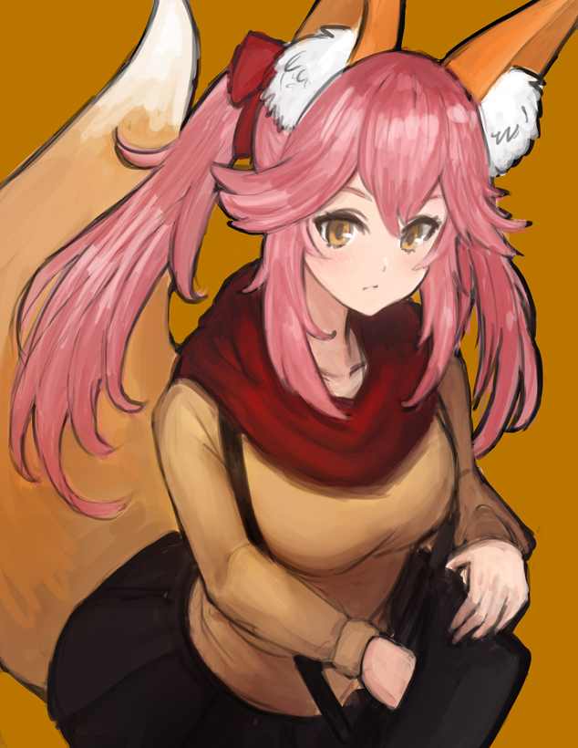 1girl animal_ears breasts casual collarbone edward_montenegro fate/extra fate/extra_ccc fate_(series) fox_ears fox_tail hair_ribbon large_breasts orange_background pink_hair pleated_skirt ribbon simple_background skirt solo tail tamamo_(fate)_(all) tamamo_no_mae_(fate) yellow_eyes