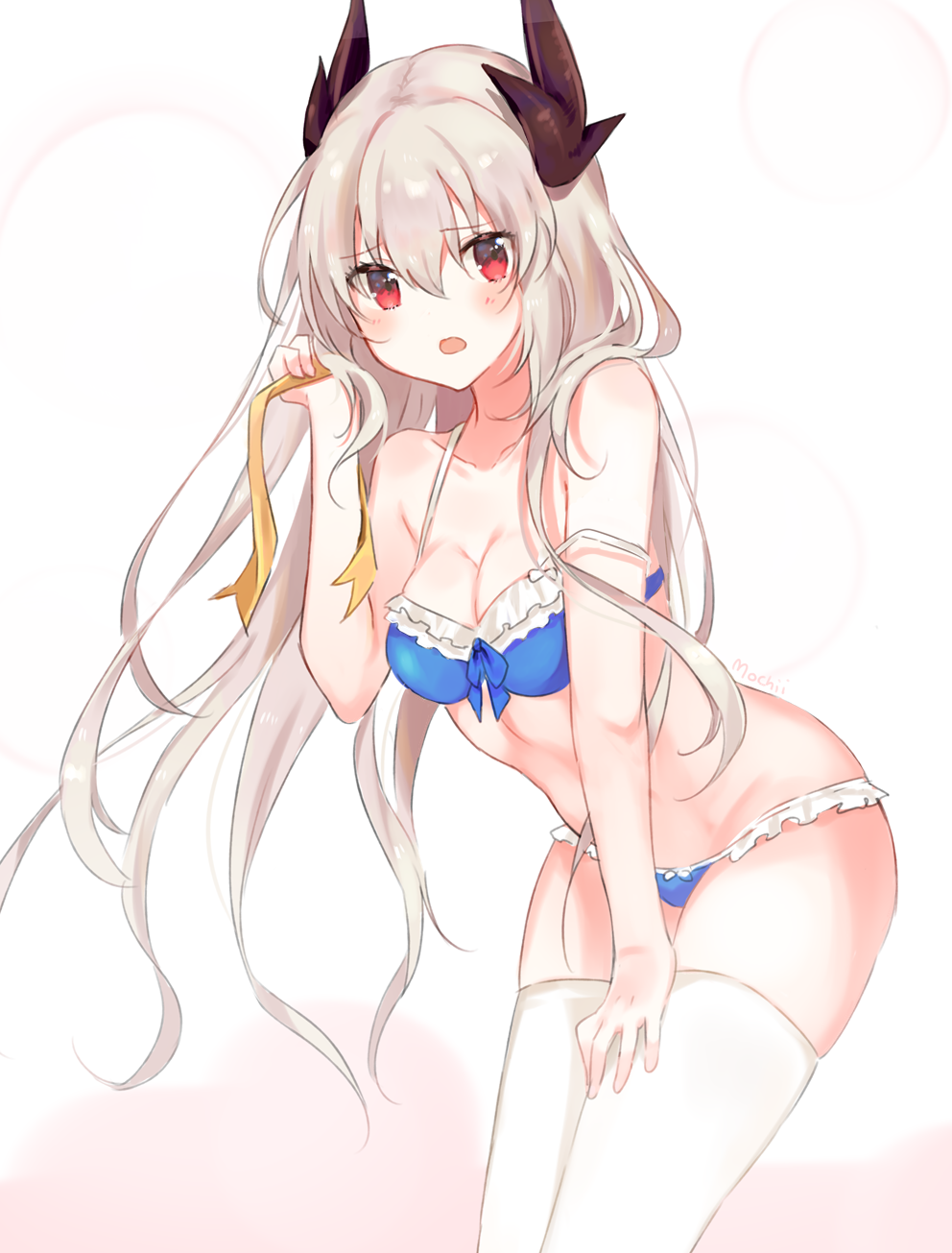 1girl :o alternate_hair_color artist_name bangs bare_arms bare_shoulders bikini blue_bikini blush breasts cleavage collarbone cowboy_shot embarrassed eyebrows_visible_through_hair fate/grand_order fate_(series) frilled_bikini frills gradient gradient_background hair_between_eyes hand_up highres holding horns isabelle_bosworth kiyohime_(fate/grand_order) leaning_forward long_hair looking_at_viewer medium_breasts open_mouth red_eyes solo standing strap_slip swimsuit thigh-highs very_long_hair white_background white_legwear