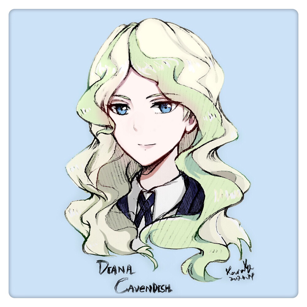 1girl 2017 blonde_hair blue_eyes blue_ribbon character_name cropped_torso dated diana_cavendish do_it_lara eyebrows_visible_through_hair green_hair little_witch_academia long_hair looking_at_viewer multicolored_hair neck_ribbon portrait ribbon shirt signature smile solo two-tone_hair white_shirt