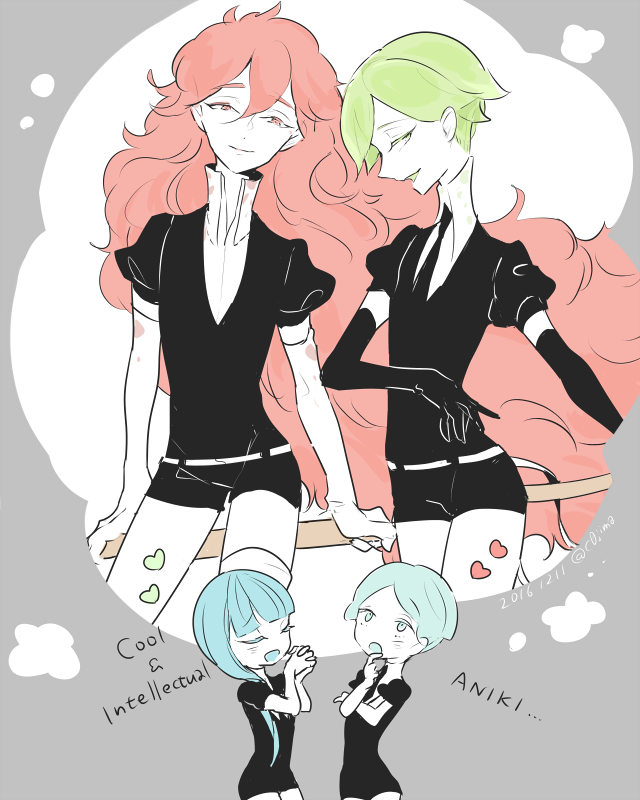 androgynous benitoite_(houseki_no_kuni) black_neckwear blue_hair center_part closed_eyes cojimama elbow_gloves gloves hands_together heart hemimorphite_(houseki_no_kuni) houseki_no_kuni long_hair necktie padparadscha_(houseki_no_kuni) peridot_(houseki_no_kuni) red_eyes thinking twitter_username uniform very_long_hair white_gloves white_skin