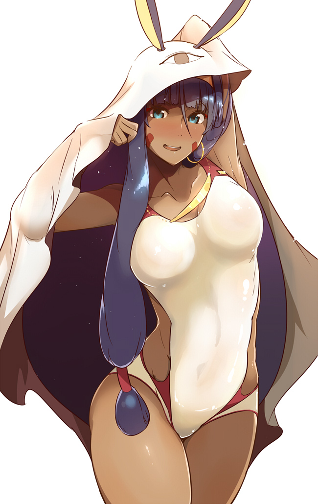 1girl animal_ears arms_up bangs bed_sheet blue_eyes blunt_bangs blush breasts collarbone dark_skin earrings eyeliner facepaint fate/grand_order fate_(series) hair_between_eyes hair_tubes hairband hips hoop_earrings jewelry long_hair looking_at_viewer makeup medium_breasts necklace nitocris_(fate/grand_order) nitocris_(swimsuit_assassin)_(fate) one-piece_swimsuit open_mouth purple_hair rabbit_ears sidelocks simple_background smile solo swimsuit thighs tokiwa_midori_(kyokutou_funamushi) very_long_hair waist waist_cutout white_background white_swimsuit