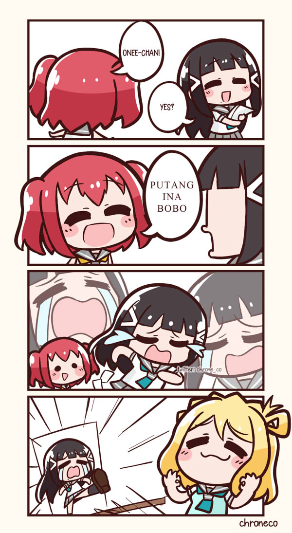 3girls 4koma artist_name black_hair blonde_hair braid chibi chroneco comedy comic crown_braid crying double_ok_sign english hair_ornament hime_cut kicking kurosawa_dia kurosawa_ruby long_hair love_live! love_live!_sunshine!! medium_hair mole mole_under_mouth multiple_girls ohara_mari paper profanity redhead running speech_bubble tagalog tears translated twitter_username two_side_up uranohoshi_school_uniform