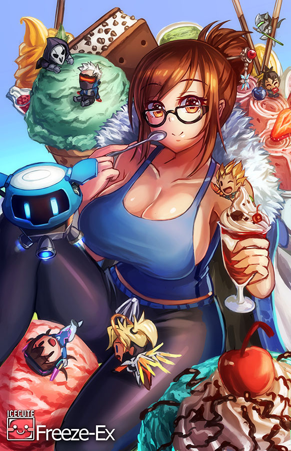 3girls 5boys artist_name black-framed_eyewear black_legwear blonde_hair blue_background blue_bodysuit blue_shirt bodysuit breasts brown_eyes brown_hair brown_legwear cherry chibi cleavage collarbone cowboy_shot cyborg d.va_(overwatch) drone eyebrows_visible_through_hair face_mask faulds floating food freeze-ex fruit genji_(overwatch) glasses hair_bun hair_ornament hair_stick hanzo_(overwatch) headphones helmet high_collar holding holding_food holding_staff ice_cream ice_cream_cone jacket junkrat_(overwatch) katana large_breasts long_hair long_sleeves looking_at_viewer mask mechanical_arm mechanical_halo mechanical_wings mei_(overwatch) mercy_(overwatch) multiple_boys multiple_girls overwatch pants peg_leg pelvic_curtain pilot_suit ponytail power_armor reaper_(overwatch) robot shirt short_hair shoulder_pads signature simple_background single_scoop sitting skin_tight smile snowball_(overwatch) snowflake_hair_ornament soldier:_76_(overwatch) solo_focus spikes spoon staff sundae sword tank_top visor weapon whipped_cream white_hair wings yellow_wings