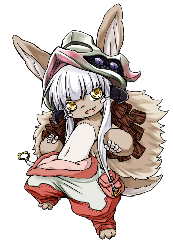 1girl :3 animal_ears check_commentary commentary commentary_request donoteat ears_through_headwear fang fur furry helmet made_in_abyss nanachi_(made_in_abyss) open_mouth pants solo tail whiskers white_background white_hair yellow_eyes