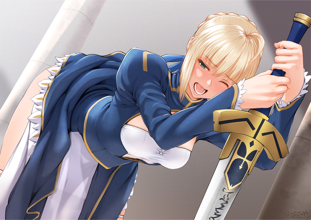 1girl ahoge artoria_pendragon_(all) bent_over blonde_hair blush braid dress dress_lift excalibur fate/stay_night fate_(series) gauntlets green_eyes hetero long_sword nanahime_(aoi) one_eye_closed open_mouth panties panty_pull planted_sword planted_weapon saber sidelocks solo sword tears underwear weapon white_panties