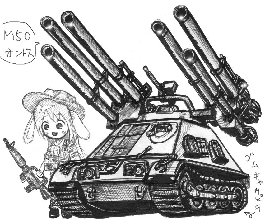 1girl assault_rifle camouflage chibi graphite_(medium) ground_vehicle gun happy hat m16 m50_ontos machine_gun military military_uniform military_vehicle mitsuwo_kouki monochrome motor_vehicle recoilless_rifle rifle scan self-propelled_gun sketch soldier tank traditional_media uniform weapon