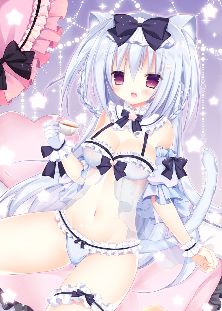 1girl :o animal_ears babydoll black_bow blue_hair blue_panties blush bow bow_panties braid breasts cat_ears cat_girl cat_tail cleavage collar commentary_request cup detached_collar eyebrows_visible_through_hair fang fingernails frilled_babydoll frilled_collar frilled_gloves frilled_panties frilled_pillow frills gloves hair_between_eyes hair_bow hair_ornament heart heart_hair_ornament heart_pillow himemiya_niina holding holding_cup leg_garter long_hair medium_breasts open_mouth original panties pillow pink_pillow red_eyes see-through single_glove sitting solo star tail tea teacup twin_braids underwear underwear_only very_long_hair white_collar white_gloves wrist_cuffs