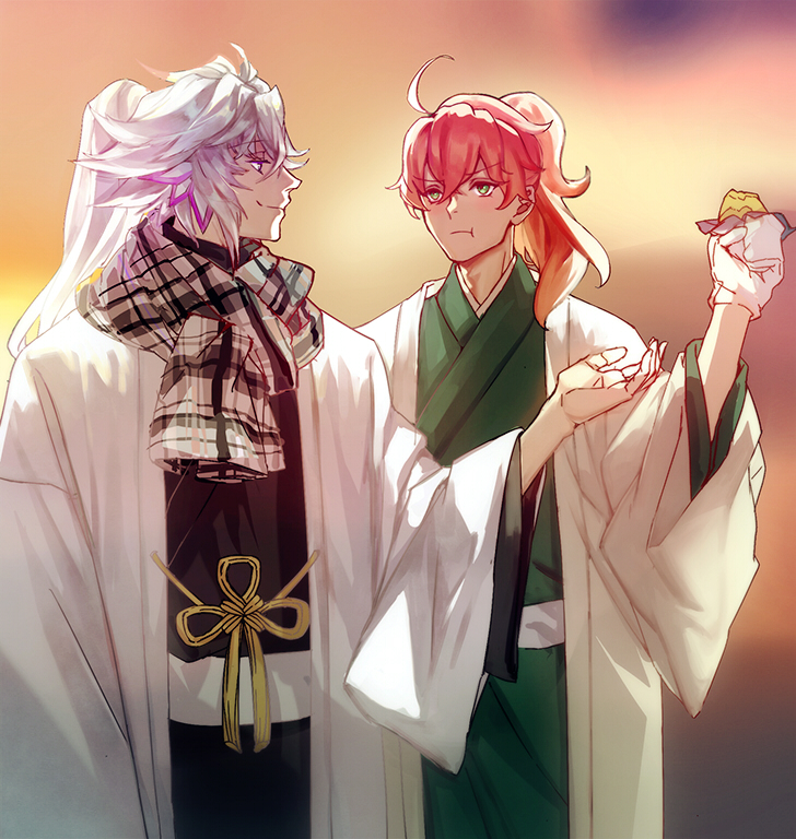 2boys :t ahoge fate/grand_order fate_(series) food gloves green_eyes haori japanese_clothes kimono long_hair male_focus merlin_(fate/stay_night) multiple_boys orange_hair pink_hair plaid ponytail pout romani_akiman scarf sweet_potato violet_eyes white_hair yukata