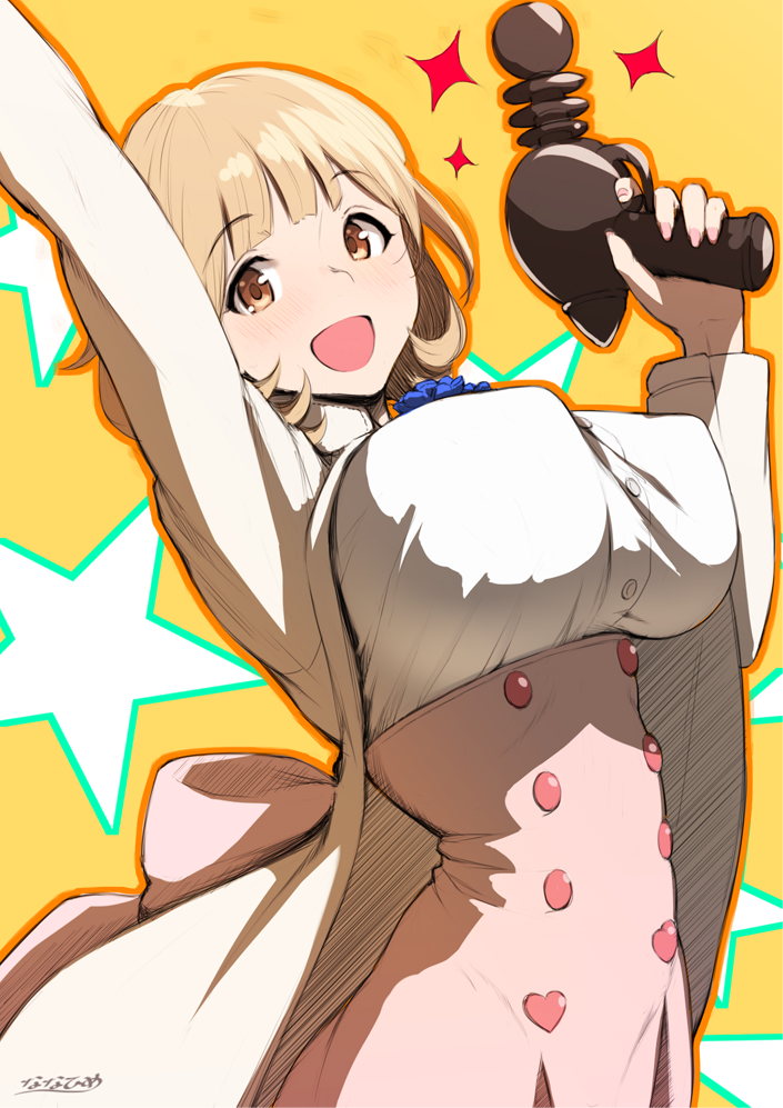 1girl :d artist_name bangs blonde_hair blush bob_cut breasts brown_eyes cardigan cowboy_shot erect_nipples eyebrows_visible_through_hair finger_on_trigger gun high-waist_skirt holding holding_gun holding_weapon large_breasts looking_at_viewer nanahime_(aoi) narusawa_ryouka occultic;nine open_cardigan open_clothes open_mouth pink_skirt short_hair signature skirt smile solo star starry_background tareme underbust weapon