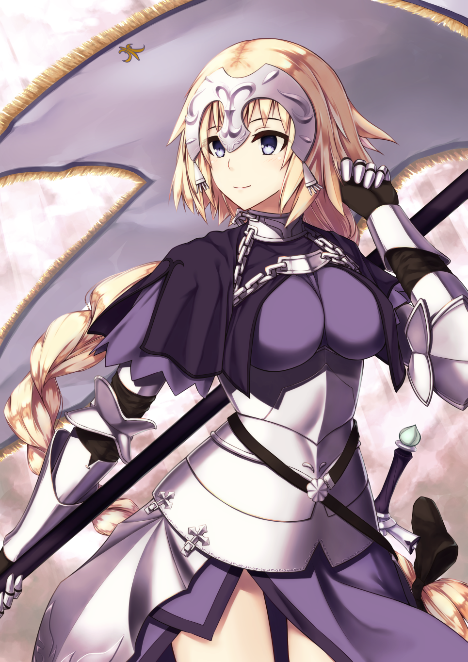 1girl armor armored_dress banner blonde_hair blue_eyes braid breasts breasts_apart cowboy_shot enchuu fate/apocrypha fate_(series) floating_hair gauntlets highres holding holding_weapon large_breasts long_hair ruler_(fate/apocrypha) single_braid solo standing sword very_long_hair weapon