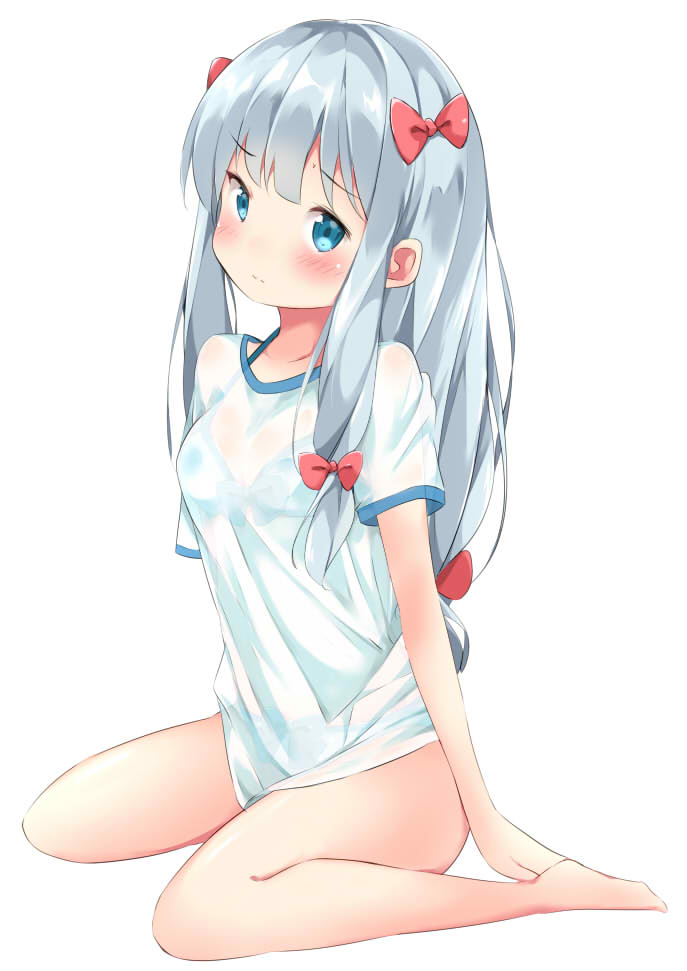 1girl barefoot bikini blue_bikini blue_eyes blush bow collarbone eromanga_sensei eyebrows_visible_through_hair hair_bow itachi_maki izumi_sagiri long_hair red_bow see-through shirt short_sleeves silver_hair simple_background sitting solo swimsuit very_long_hair white_background white_shirt