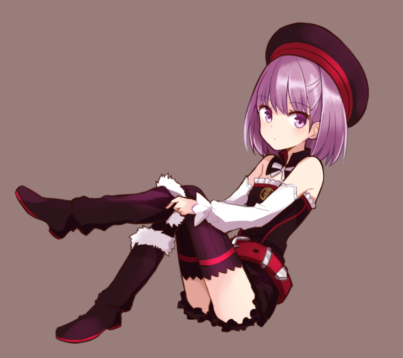 1girl bare_shoulders belt black_legwear blush detached_sleeves fate/grand_order fate_(series) hat helena_blavatsky_(fate/grand_order) looking_at_viewer purple_hair quro_(black_river) short_hair solo strapless thigh-highs tree_of_life violet_eyes