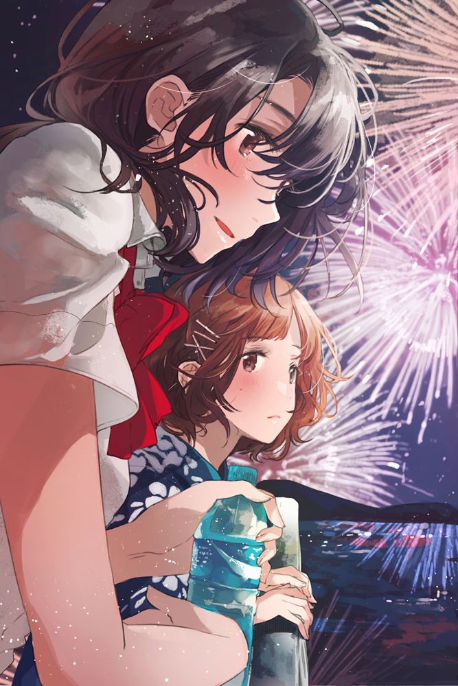 2girls aerial_fireworks blush bottle bow bowtie brown_eyes brown_hair expressionless fireworks fly_(marguerite) from_side hair_ornament japanese_clothes kimono light_smile mole mole_under_eye multiple_girls night open_mouth original profile red_bow red_bowtie school_uniform shirt water_bottle white_shirt x_hair_ornament yukata