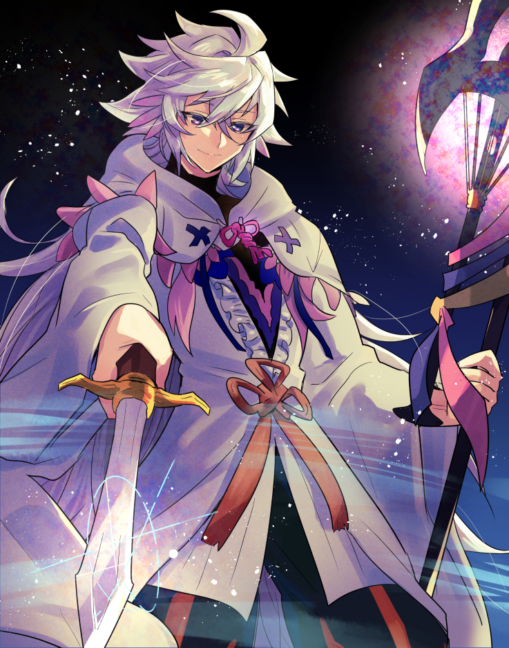 1boy cape fate/grand_order fate_(series) long_hair makita_(homosapiensu) male_focus merlin_(fate/stay_night) smile solo spiky_hair staff sword violet_eyes weapon white_hair