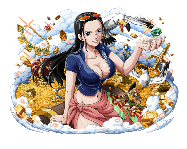 1girl arm_support bird black_hair blue_eyes blue_jacket bodskih breasts chest cleavage collarbone gem gold groin jacket large_breasts leather_vest long_hair midriff navel nico_robin one_piece partially_unzipped sarong shiny shiny_skin short_sleeves sitting smile solo stomach sunglasses sunglasses_on_head transparent_background treasure zipper