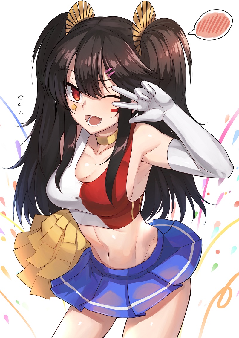 1girl ;d alternate_costume alternate_hairstyle armpits bare_shoulders black_hair blush breasts cheerleader choker cleavage cowboy_shot crop_top demon_archer elbow_gloves fang fate/grand_order fate_(series) gloves hair_between_eyes hair_ornament hairclip k_jin koha-ace leaning_forward long_hair looking_at_viewer medium_breasts miniskirt navel one_eye_closed open_mouth pom_poms red_eyes sidelocks skirt smile solo spoken_blush star stomach v_over_eye white_gloves