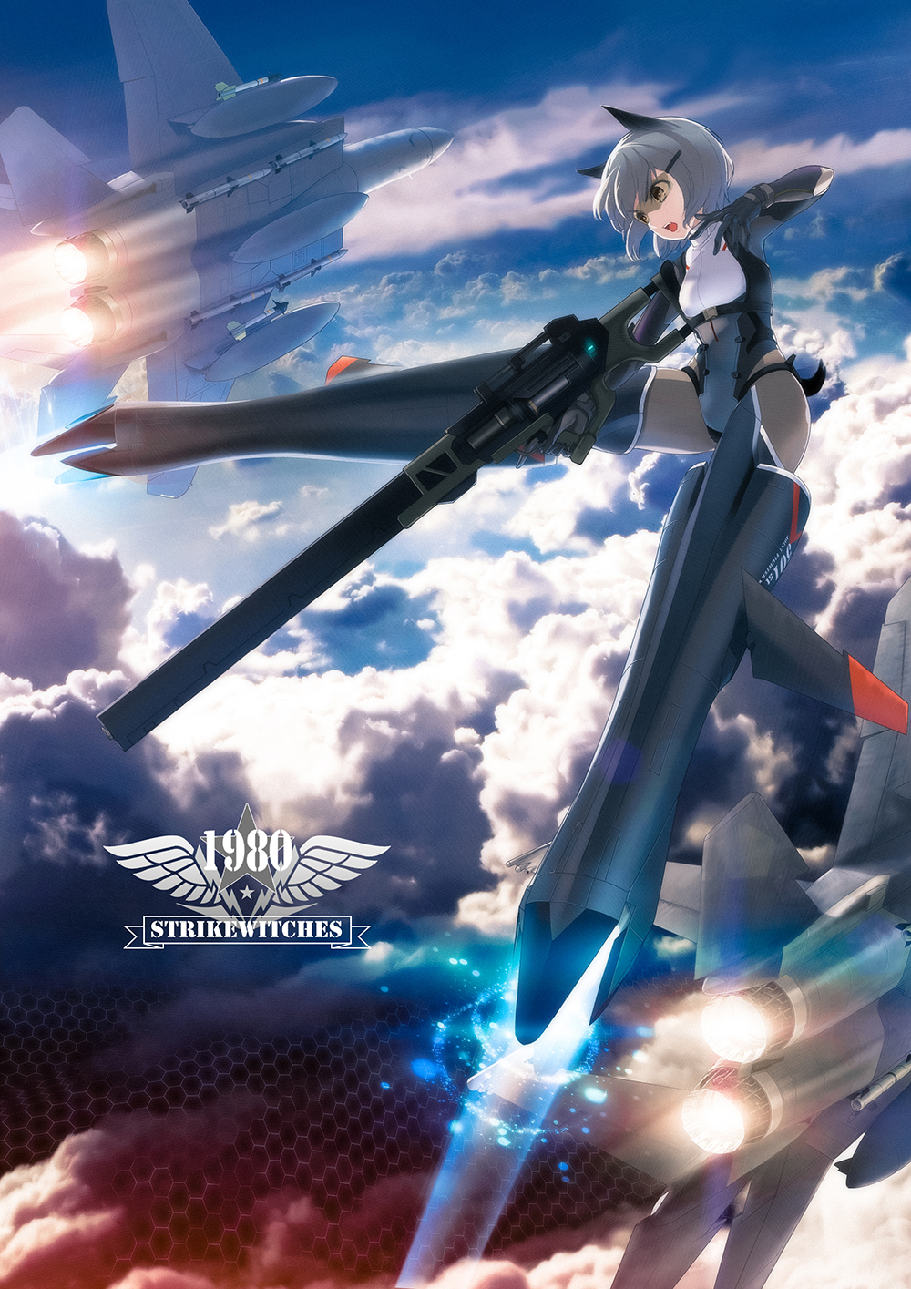 1girl aircraft airplane animal_ears blue_sky bodysuit character_request clouds commentary_request exhaust fighter_jet flying full_body goggles gun highres holding holding_gun holding_weapon jet midair military military_vehicle niketora open_mouth railgun science_fiction short_hair silver_hair sky solo strike_witches striker_unit tail teeth text thrusters weapon world_witches_series