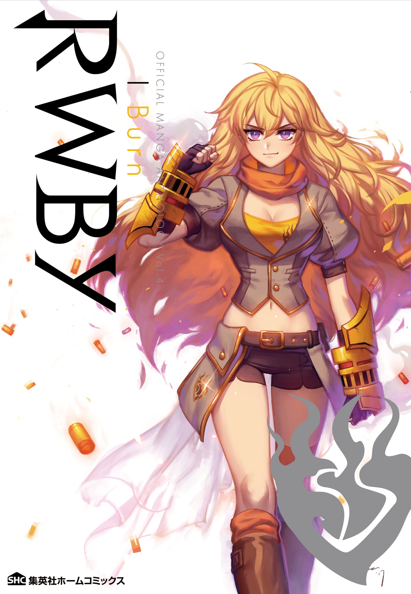 1girl blonde_hair breasts cleavage commentary_request ein_lee ember_celica_(rwby) english highres navel official_art rwby shotgun_shells solo violet_eyes yang_xiao_long