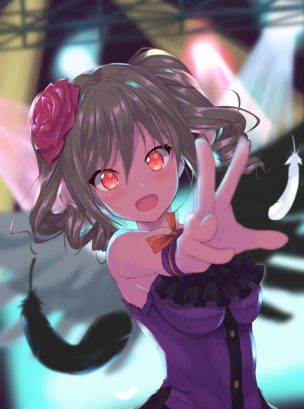 1girl :d black_feathers blush breasts breasts_apart brown_hair eyebrows_visible_through_hair flower hair_between_eyes hair_flower hair_ornament highres idolmaster idolmaster_cinderella_girls kanzaki_ranko kurai_masaru long_hair medium_breasts open_mouth outstretched_arm purple_shirt red_eyes red_flower shirt sleeveless sleeveless_shirt smile solo twintails upper_body white_feathers