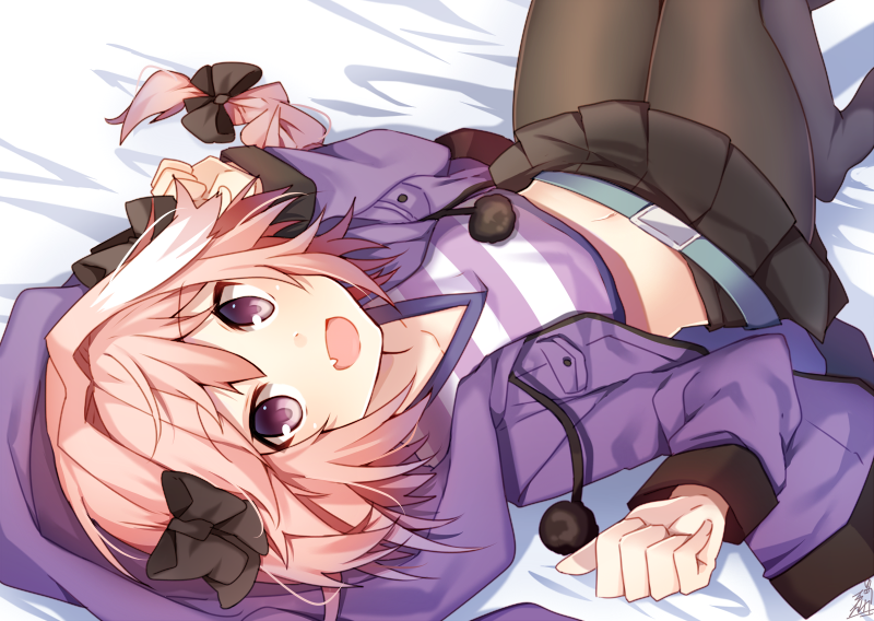 1boy :d bed_sheet belt black_bow black_legwear black_skirt blush bow braid fang fate/grand_order fate_(series) from_behind hair_bow hair_intakes hands_up jacket knees_up long_hair long_sleeves looking_at_viewer looking_back miniskirt multicolored_hair navel omuretsu on_bed open_clothes open_jacket open_mouth pantyhose pink_hair pleated_skirt pom_pom_(clothes) purple_jacket rider_of_black shirt signature single_braid skirt smile solo streaked_hair striped striped_shirt trap violet_eyes w_arms white_hair