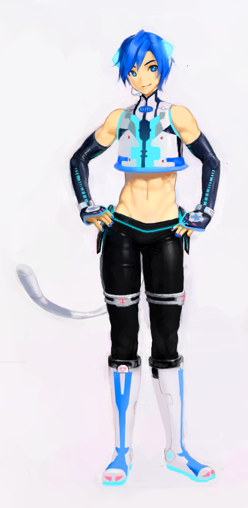 1boy abs animal_ears blue_eyes blue_hair blue_nails boots cat_ears cat_tail closed_mouth crop_top detached_sleeves fake_animal_ears full_body hands_on_hips headphones kaito male_focus midriff nail_polish neko_cyber_(module) project_diva_(series) project_diva_2nd shikuchouson short_hair simple_background solo tail toned toned_male vocaloid white_background white_boots