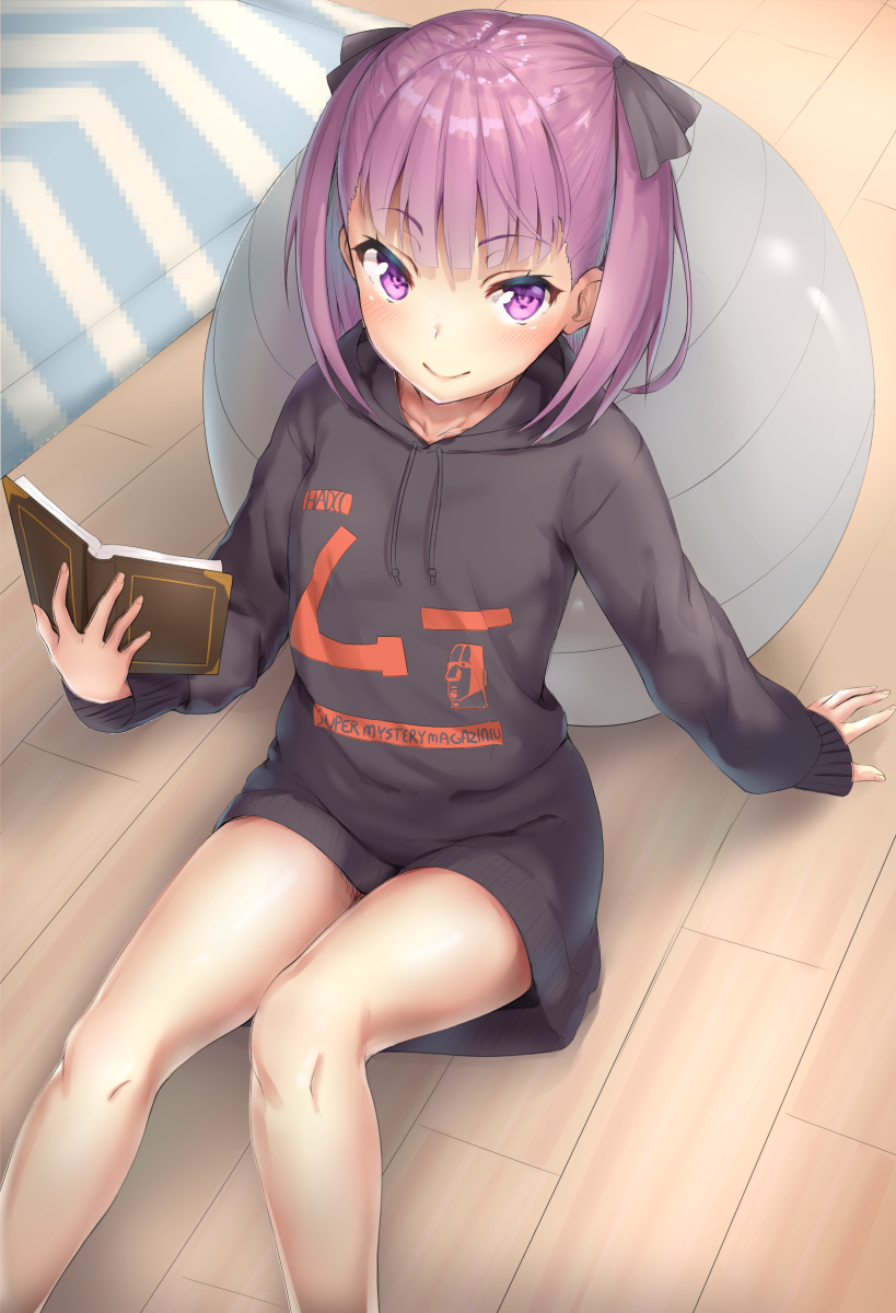 1girl ball bangs blush book casual closed_mouth exercise_ball eyebrows_visible_through_hair fate/grand_order fate_(series) hair_ribbon hand_up helena_blavatsky_(fate/grand_order) highres holding holding_book hood hooded_sweater hoodie indoors long_sleeves looking_at_viewer open_book purple_hair reinama ribbon short_hair sidelocks sitting sleeves_past_wrists smile solo sweater thighs violet_eyes