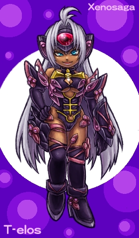 1girl :d ahoge bangs bare_shoulders black_gloves black_legwear black_leotard black_neckwear blue_eyes breasts character_name chibi cleavage cleavage_cutout copyright_name cyborg dark_skin elbow_gloves eyebrows_visible_through_hair facing_viewer full_body gloves hair_between_eyes hair_intakes halterneck hand_on_hip headgear high_heels leg_up leotard long_hair looking_at_viewer lowres medium_breasts multicolored multicolored_background open_mouth over-kneehighs shoes silver_hair silver_shoes smile solo standing standing_on_one_leg t-elos thigh-highs thigh_strap under_boob uneven_eyes very_long_hair xenosaga xenosaga_episode_iii zohar0330