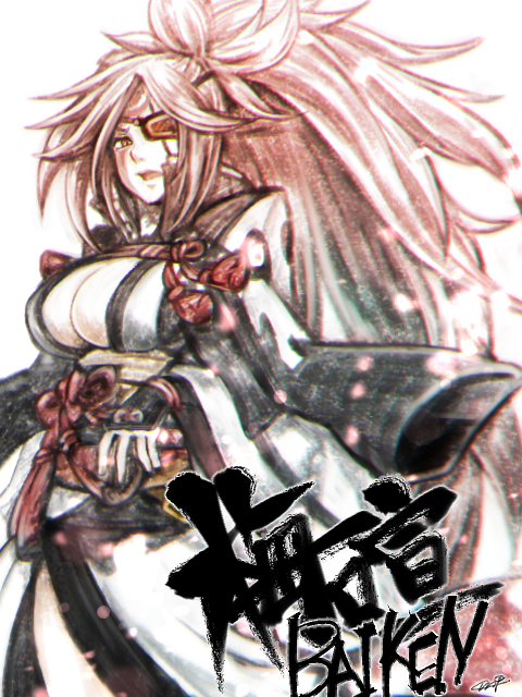 1girl amputee armor baiken black_kimono breasts cape character_name cleavage cowboy_shot eyepatch facial_mark facing_away forehead_mark guilty_gear guilty_gear_xrd hand_on_hilt high_ponytail japanese_armor japanese_clothes kamui_setsuna katana kimono kote large_breasts light_particles long_hair looking_at_viewer multicolored multicolored_clothes multicolored_kimono obi one-eyed open_clothes open_kimono open_mouth pink_eyes pink_hair popped_collar rope sash sheath sheathed shimenawa side_slit signature simple_background skull solo spiky_hair standing sword tassel tongue weapon white_background white_kimono