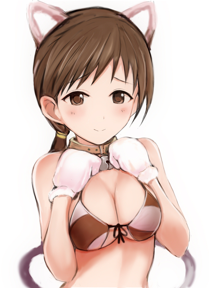1girl animal_ears bangs bell bell_collar blush bra breasts brown_eyes brown_hair cat_ears cat_tail cleavage collar front-tie_top hands_on_own_chest idolmaster idolmaster_cinderella_girls long_hair looking_at_viewer medium_breasts mittens nannacy7 nitta_minami own_hands_together ponytail solo standing striped striped_bra tail underwear upper_teeth