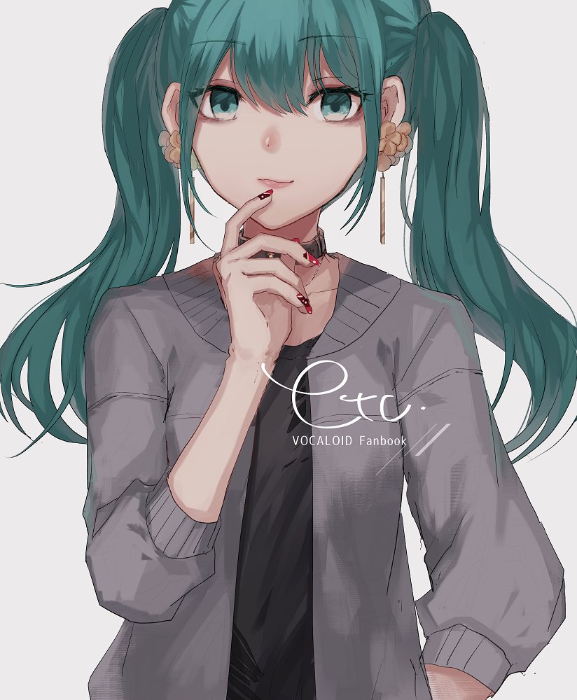 1girl closed_mouth commentary_request danjou_sora finger_to_mouth fingernails grey_background hatsune_miku looking_at_viewer nail_polish red_nails simple_background smile solo vocaloid