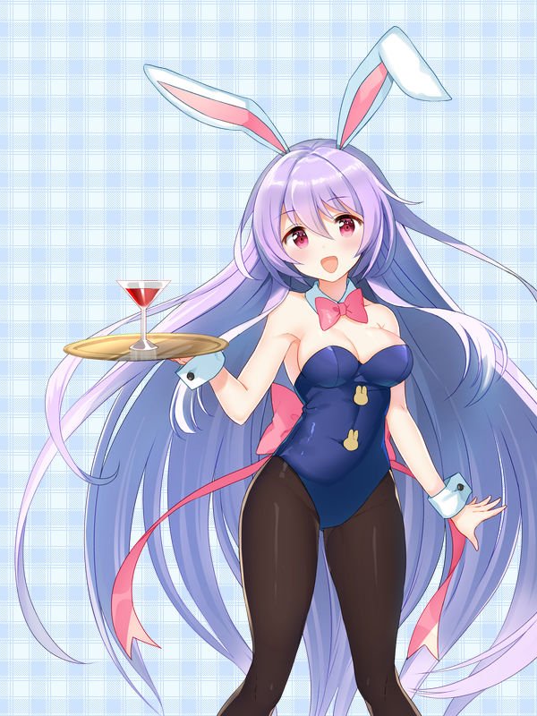 1girl :d alternate_costume animal_ears bangs bare_shoulders blue_background blue_leotard blush bow bowtie breasts brown_legwear bunnysuit cleavage commentary_request cowboy_shot cropped cup detached_collar drinking_glass eyebrows_visible_through_hair groin hair_between_eyes hayama_eishi holding holding_tray leotard long_hair looking_at_viewer medium_breasts open_mouth pantyhose pink_eyes plaid plaid_background purple_hair rabbit_ears red_bow red_bowtie reisen_udongein_inaba smile solo standing touhou tray very_long_hair wine_glass wrist_cuffs