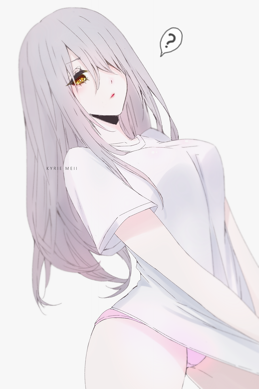 1girl artist_name breasts contrapposto dutch_angle highres kyrie_meii long_hair looking_at_viewer medium_breasts no_pants original outstretched_arms own_hands_together pale_skin panties pink_panties shirt shirt_tug silver_hair solo standing t-shirt underwear yellow_eyes
