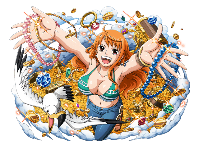 1girl :d arms_up bird blue_pants bodskih bracelet breasts brown_eyes chest cleavage collarbone earrings gem green_bikini_top groin holding_necklace jewelry large_breasts long_hair looking_up midriff nami_(one_piece) navel one_piece open_mouth orange_hair pants shiny shiny_skin smile solo standing stomach transparent_background