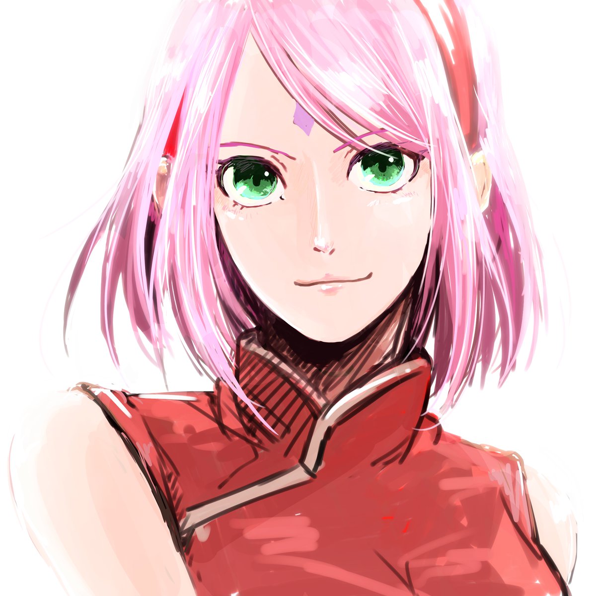 1girl green_eyes hairband haruno_sakura highres looking_at_viewer naruto peda_yamoto pink_hair portrait red_hairband short_hair simple_background sleeveless smile solo white_background