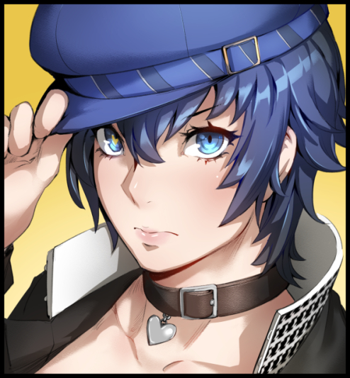 1girl adjusting_clothes adjusting_hat black_border blue_eyes blue_hair blue_hat border closed_mouth collar collarbone expressionless gakuran hair_between_eyes hand_on_headwear hand_up hat heart heart-shaped_pupils jewelry kunaboto lips pendant persona persona_4 school_uniform shirogane_naoto short_hair simple_background solo symbol-shaped_pupils upper_body yellow_background