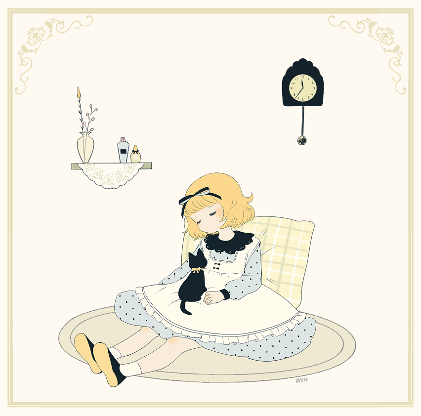 1girl artist_name ayu_(mog) blonde_hair carpet cat dress frame hair_ribbon on_floor pillow polka_dot polka_dot_dress ribbon sitting sleeping wall_clock