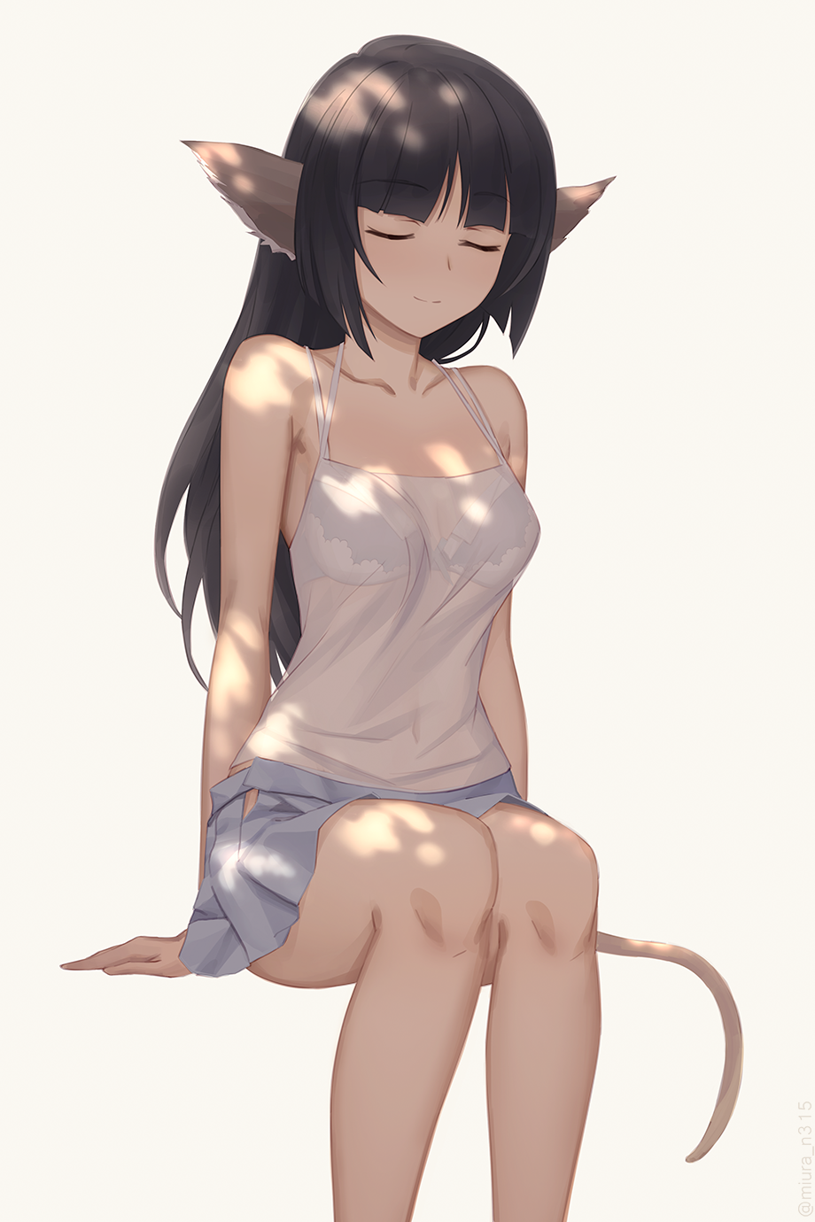 1girl animal_ears arms_at_sides artist_name bangs bare_arms bare_shoulders black_hair blunt_bangs blush breasts closed_eyes closed_mouth collarbone eyebrows_visible_through_hair highres invisible_chair long_hair medium_breasts miura-n315 simple_background sitting smile solo tail utawareru_mono utawareru_mono:_itsuwari_no_kamen yellow_background yuzuha_(utawareru_mono)