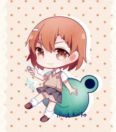 1girl brown_eyes brown_hair chibi coin cuivre full_body gekota grey_skirt loose_socks lowres misaka_mikoto pleated_skirt polka_dot polka_dot_background school_uniform shorts_under_skirt skirt socks solo standing sweater_vest to_aru_kagaku_no_railgun to_aru_majutsu_no_index tokiwadai_school_uniform