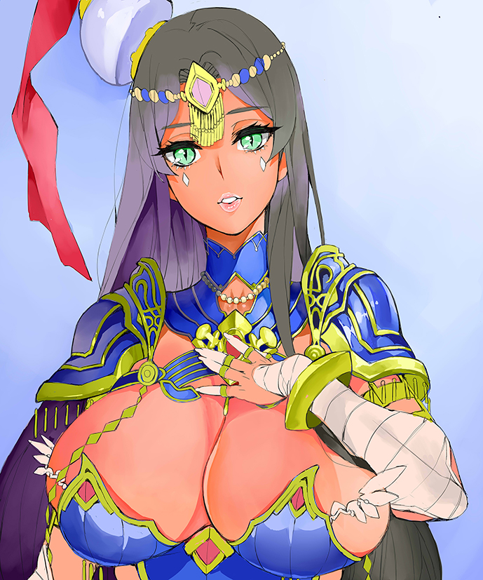 1girl arm_wrap azukiko bangs black_hair blue_armor blue_background bracelet breastplate breasts chains circlet cleavage dark_skin detached_collar eyelashes facial_mark fate/grand_order fate_(series) green_eyes hand_on_own_chest hat huge_breasts jewelry long_hair necklace parted_bangs parted_lips pauldrons pearl_necklace ring scheherazade_(fate/grand_order) slit_pupils solo