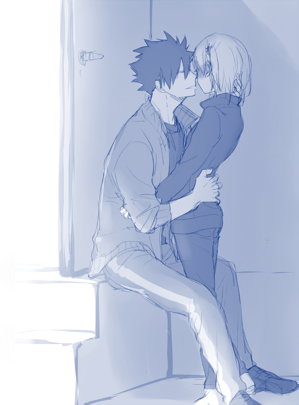 1boy 1girl arms_around_back blue blush closed_eyes haikyuu!! hetero kuroo_tetsurou leaning_forward monochrome namo open_track_jacket parted_lips spiky_hair stairs track_suit yachi_hitoka