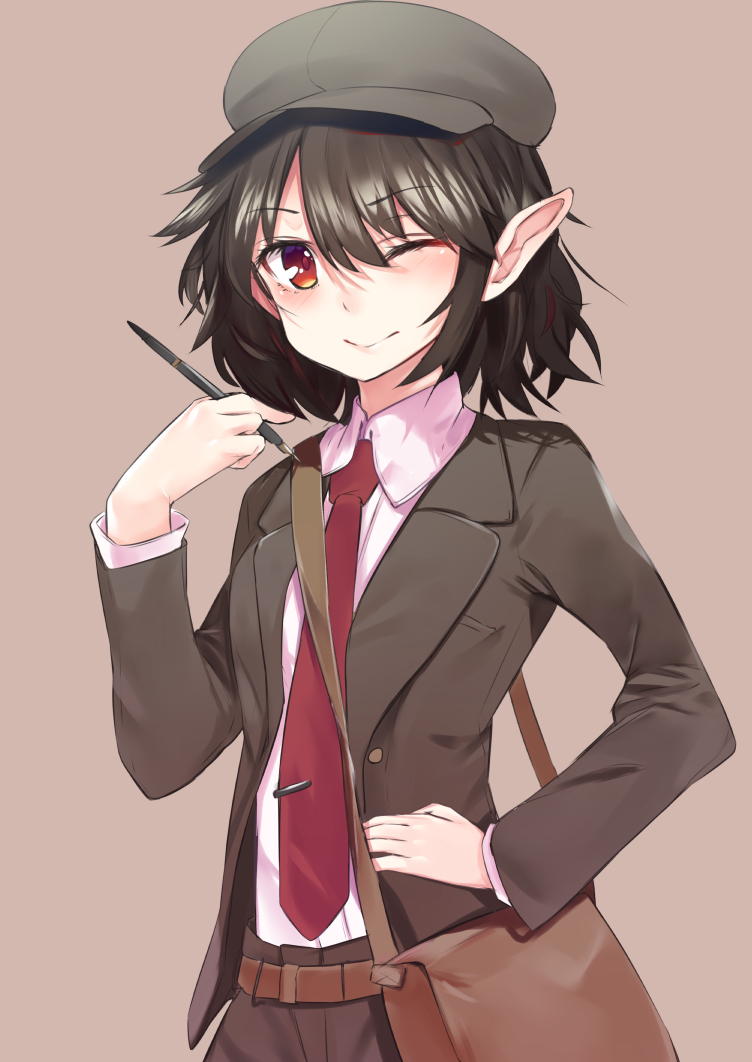 1girl ;) asuzemu bag belt black_hair black_jacket blush brown_skirt cabbie_hat closed_mouth hand_on_hip hat jacket long_sleeves looking_at_viewer necktie one_eye_closed pen pointy_ears red_eyes red_necktie shameimaru_aya shirt short_hair shoulder_bag skirt smile solo suit_jacket touhou white_shirt