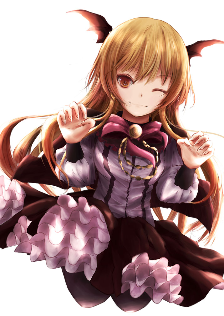 1girl bangs brown_hair cowboy_shot cropped_legs dutch_angle frilled_skirt frills layered_skirt lolita_fashion long_hair long_sleeves looking_at_viewer neck_ribbon one_eye_closed paw_pose puffy_sleeves ribbon shadowverse skirt smile standing vampy white_background winking