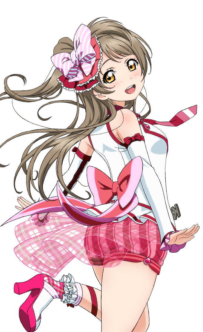 1girl ankle_boots artist_request bangs bare_shoulders blush boots bow brown_hair checkered detached_sleeves frills hair_bow high_heel_boots high_heels long_hair looking_at_viewer love_live! love_live!_school_idol_festival love_live!_school_idol_festival_after_school_activity love_live!_school_idol_project minami_kotori necktie official_art one_side_up open_mouth shorts smile solo teeth transparent_background yellow_eyes