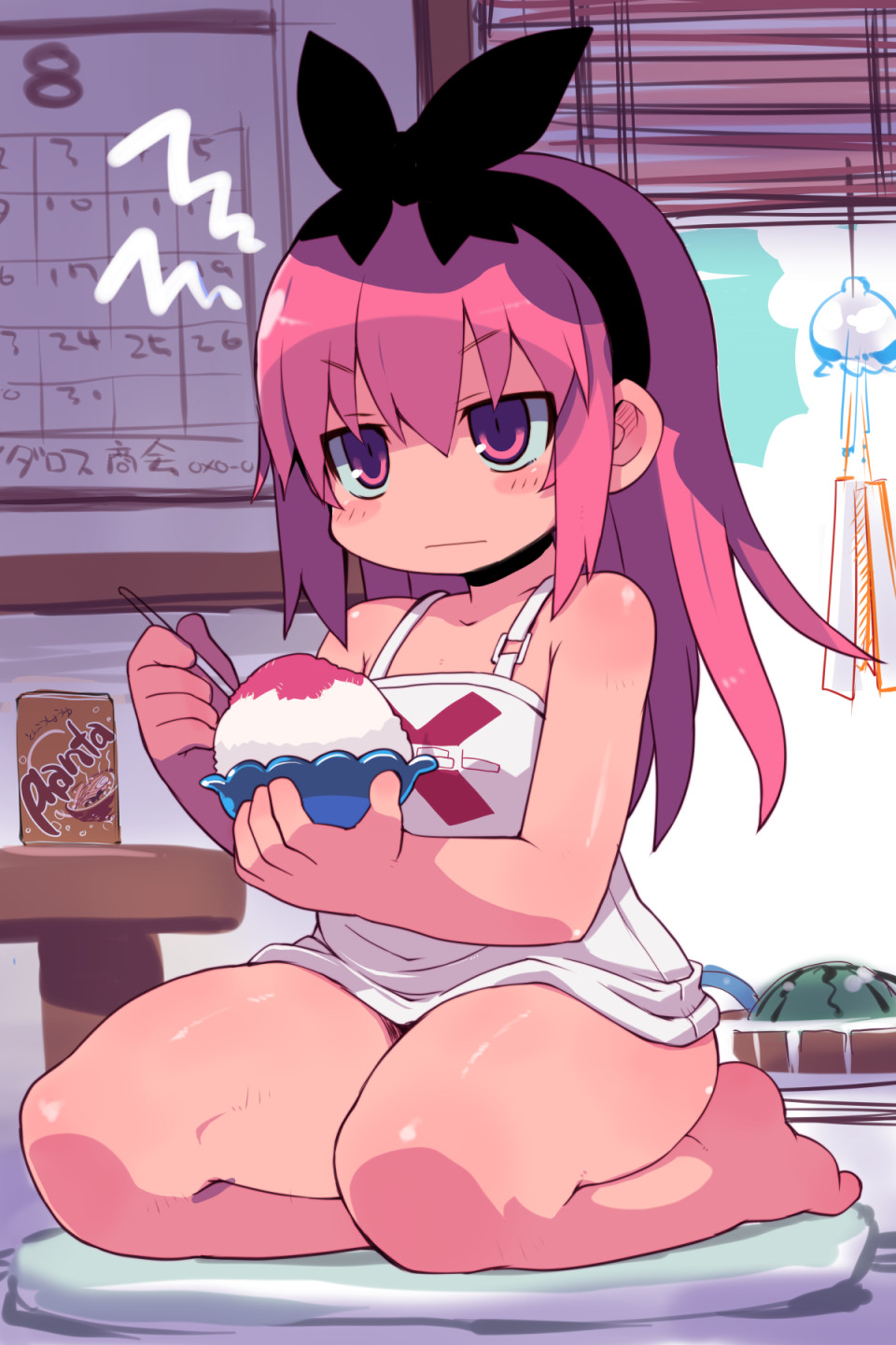 &gt;:| 1girl :| annoyed bare_arms bare_legs bare_shoulders barefoot black_bow blush_stickers bow calendar can closed_mouth cup cushion day dress eyebrows_visible_through_hair food food_request fruit hair_between_eyes hair_bow hairband highres holding holding_cup holding_spoon indoors long_hair pink_eyes pink_hair seiza sitting solo spoon table watermelon white_dress zankuro