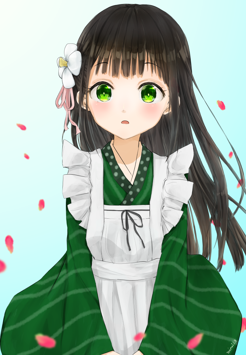 1girl ama_usa_an_uniform apron bangs blunt_bangs blush brown_hair commentary_request cowboy_shot eyebrows_visible_through_hair flat_chest flower gochuumon_wa_usagi_desu_ka? green_eyes green_kimono hair_flower hair_ornament highres japanese_clothes kimono long_hair long_sleeves looking_at_viewer maid_apron namurin open_mouth petals pink_ribbon polka_dot_trim ribbon solo striped striped_kimono twitter_username ujimatsu_chiya white_apron white_flower wide_sleeves